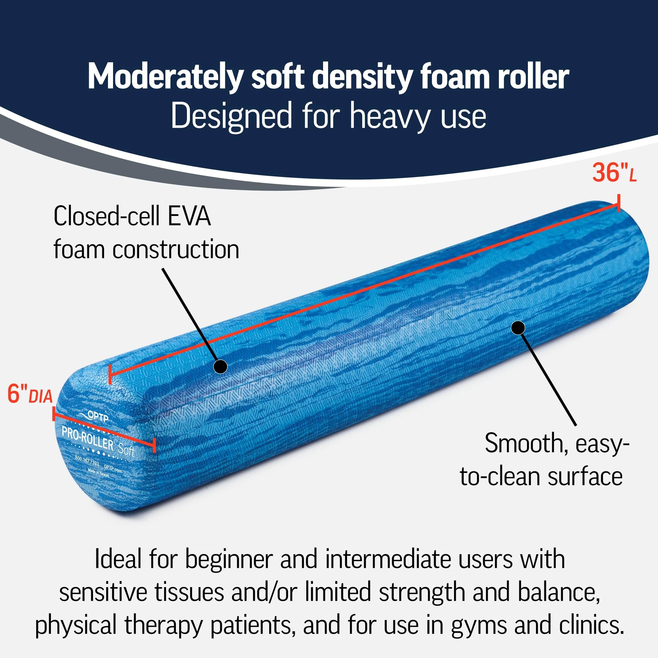 Pro-Roller Soft Density Foam Roller - Ideal for Physical Therapy, Pilates, Yoga, and Muscle Recovery - 36" x 6" Blue Foam Roller
