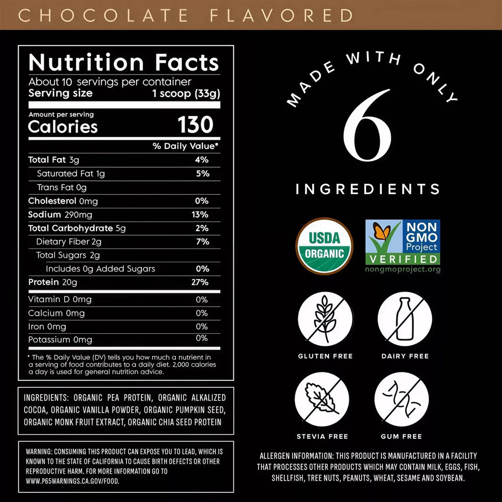 Truvani Organic Vegan Chocolate Protein Powder - 8.75oz, 10 Servings - Gluten-Free, Non-GMO, Dairy-Free Pea Protein