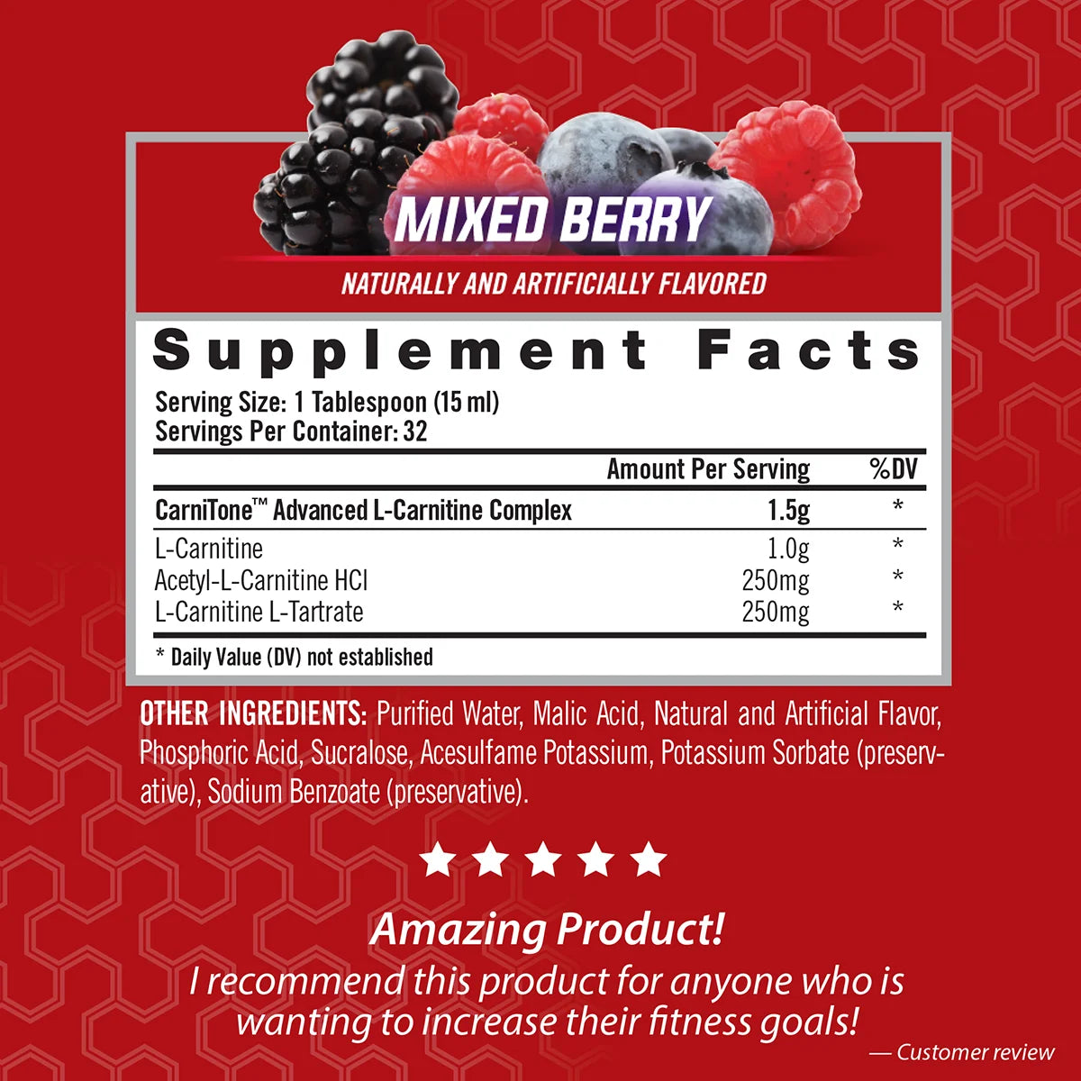 L-Carnitine LS3 Liquid Metabolic Enhancer & Energy Booster - Keto Friendly, Stimulant Free, Delicious Mixed Berry Flavor - 1500mg (32 Servings)