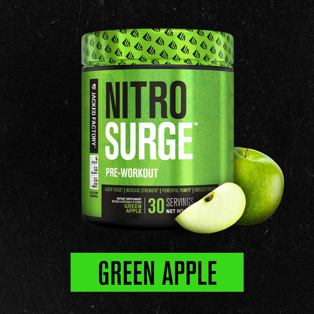 NITROSURGE Pre Workout Supplement - Ignite Your Energy & Achieve Intense Pumps - Delicious Green Apple Flavor, 30 Servings