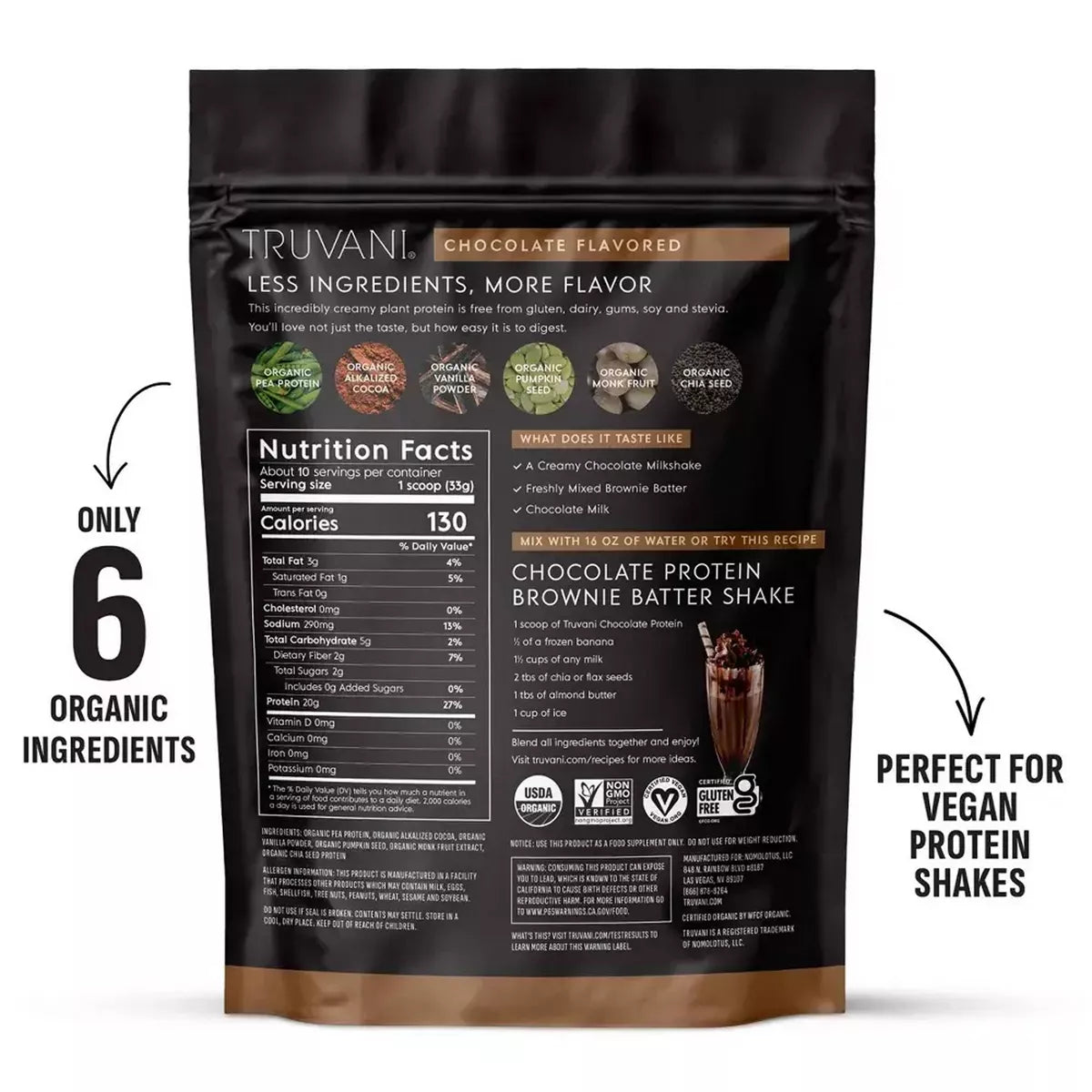 Truvani Organic Vegan Chocolate Protein Powder - 8.75oz, 10 Servings - Gluten-Free, Non-GMO, Dairy-Free Pea Protein