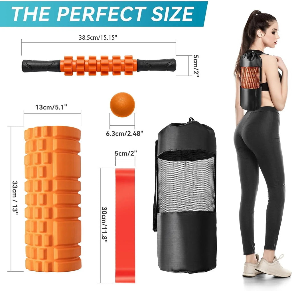 Ultimate 5-in-1 Foam Roller Set: Trigger Point Roller, Yoga Stick, Massage Ball & Resistance Band for Total Body Recovery - Vibrant Orange