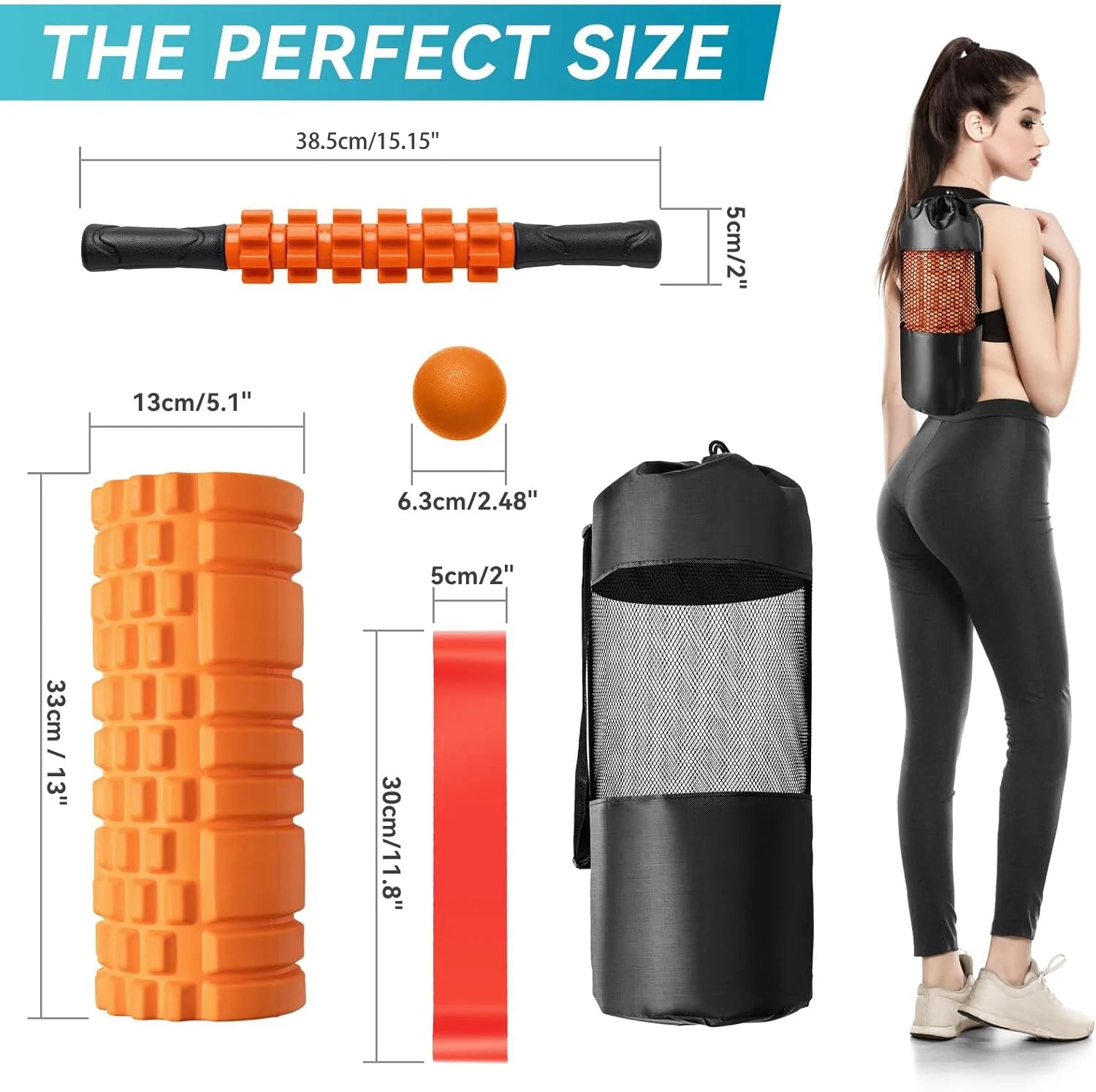 Ultimate 5-in-1 Foam Roller Set: Trigger Point Roller, Yoga Stick, Massage Ball & Resistance Band for Total Body Recovery - Vibrant Orange
