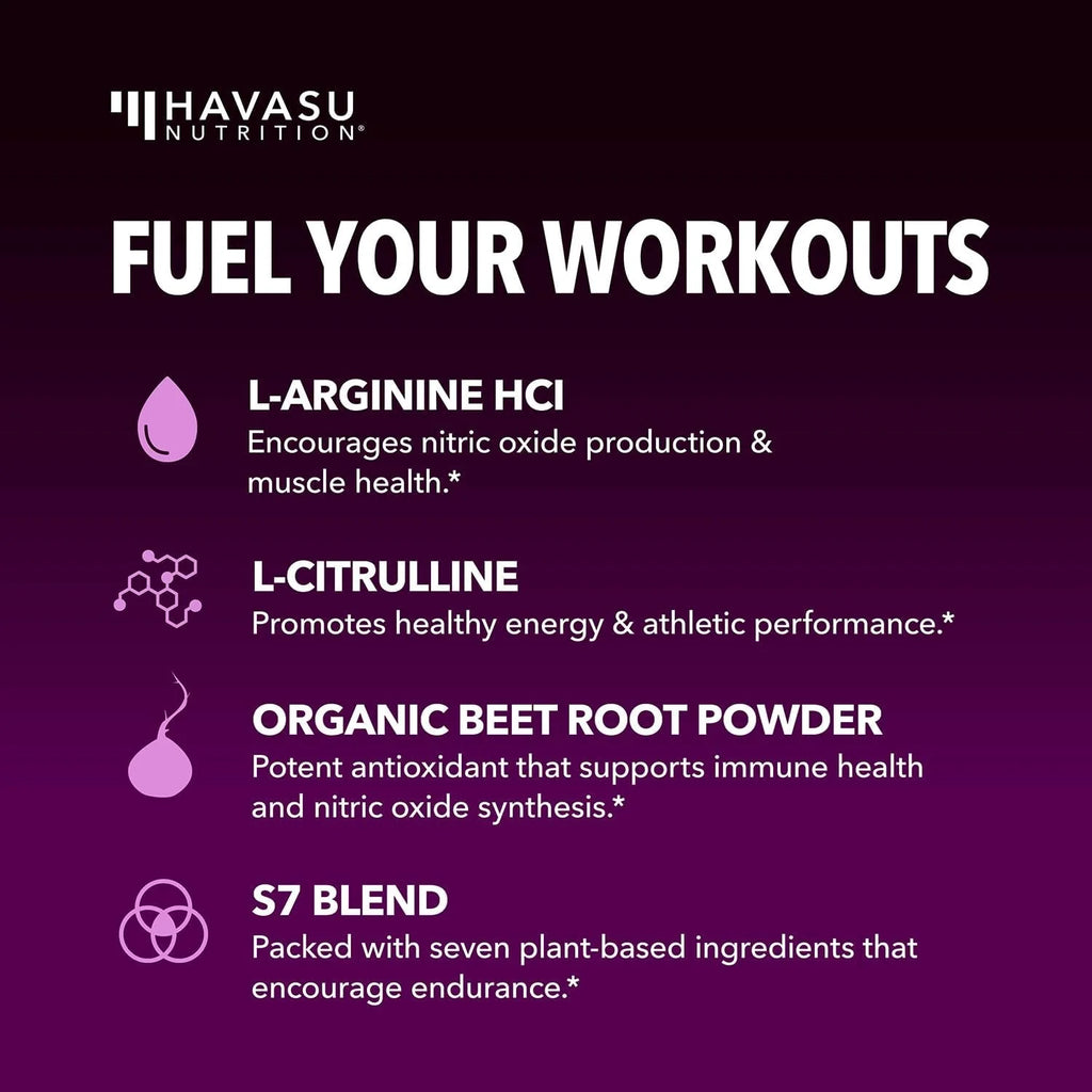 Havasu L-Arginine Powder - Nitric Oxide Boosting Pre-Workout Supplement, Delicious Mixed Berry Flavor, 3.7 Oz