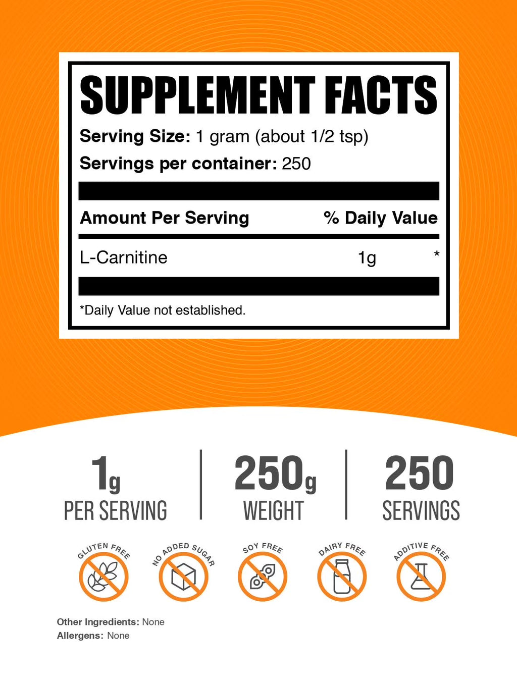 Bulksupplements L-Carnitine Powder - Unflavored Amino Acid for Boosted Energy & Fat Metabolism, 1G per Serving, 250G