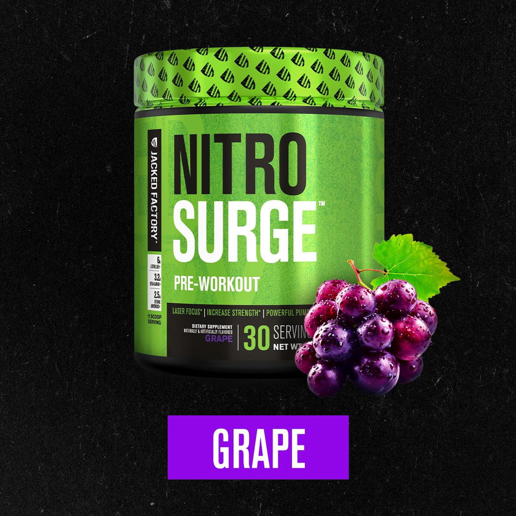 NITROSURGE Pre Workout Supplement - Experience Explosive Energy & Intense Pumps - Grape Flavor, 30 Servings for Ultimate Strength & Focus