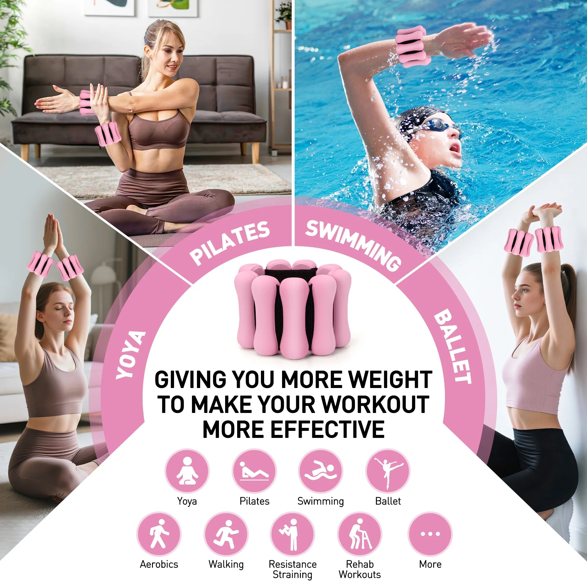 Ankle Weights, 2Lbs Adjustable Wrist Weighted Bracelet for Women & Men –Set of 2 Wrist Weights (1 Lb Each) | Weighted Arm Bands for Home Gym Workout, Pilates, Yoga, Running & Walking, Pink