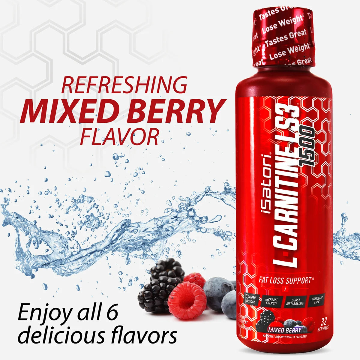 L-Carnitine LS3 Liquid Metabolic Enhancer & Energy Booster - Keto Friendly, Stimulant Free, Delicious Mixed Berry Flavor - 1500mg (32 Servings)