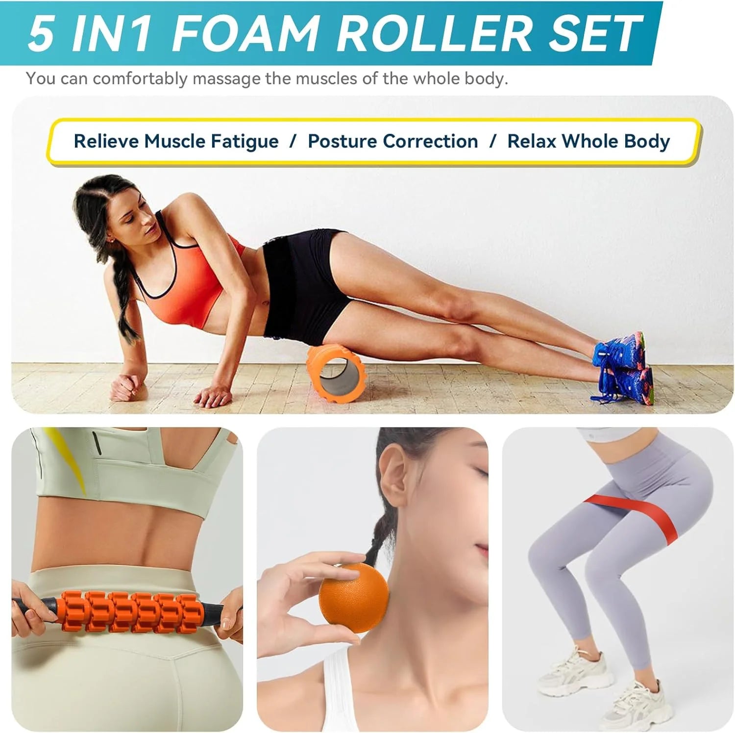 Ultimate 5-in-1 Foam Roller Set: Trigger Point Roller, Yoga Stick, Massage Ball & Resistance Band for Total Body Recovery - Vibrant Orange