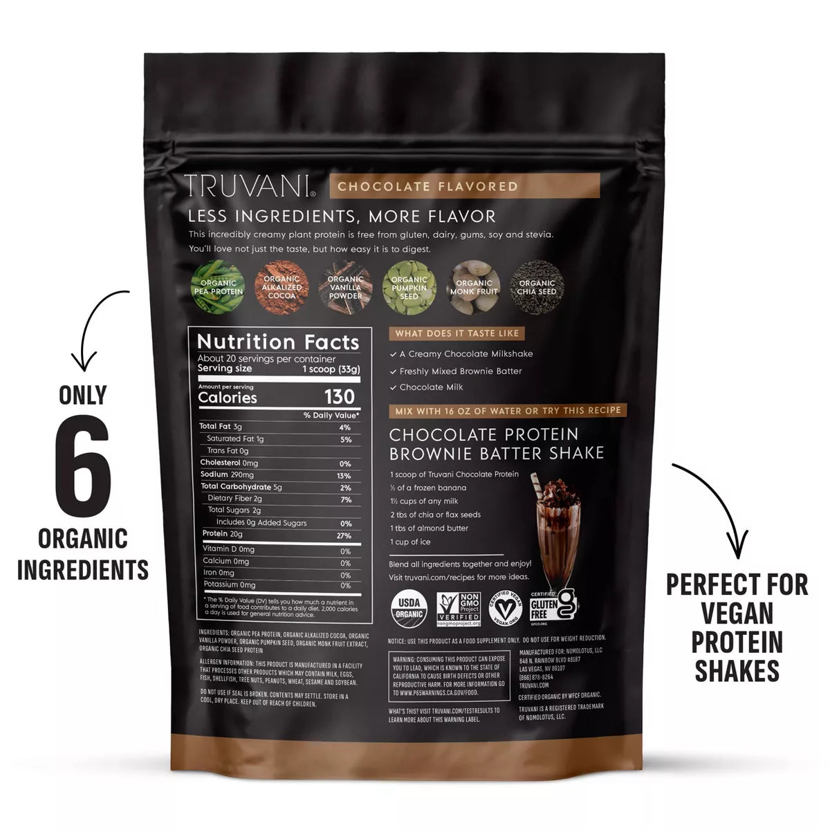 Truvani Organic Vegan Chocolate Protein Powder - 8.75oz, 10 Servings - Gluten-Free, Non-GMO, Dairy-Free Pea Protein