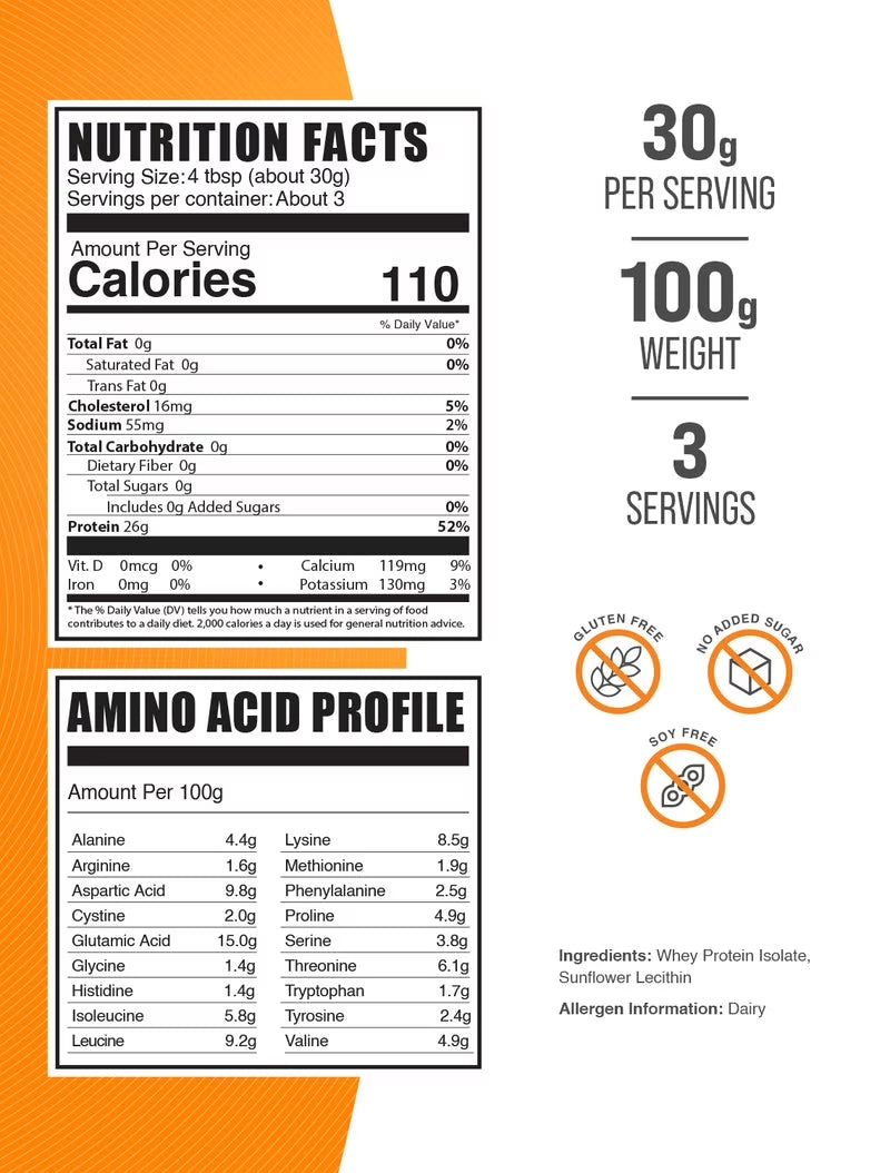 Premium Hydrolyzed Whey Protein Isolate - Unflavored, 30G Protein & BCAAs per Serving, 100G (3.5 Oz)