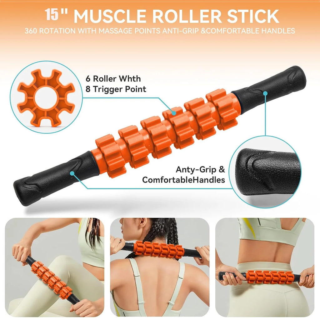 Ultimate 5-in-1 Foam Roller Set: Trigger Point Roller, Yoga Stick, Massage Ball & Resistance Band for Total Body Recovery - Vibrant Orange