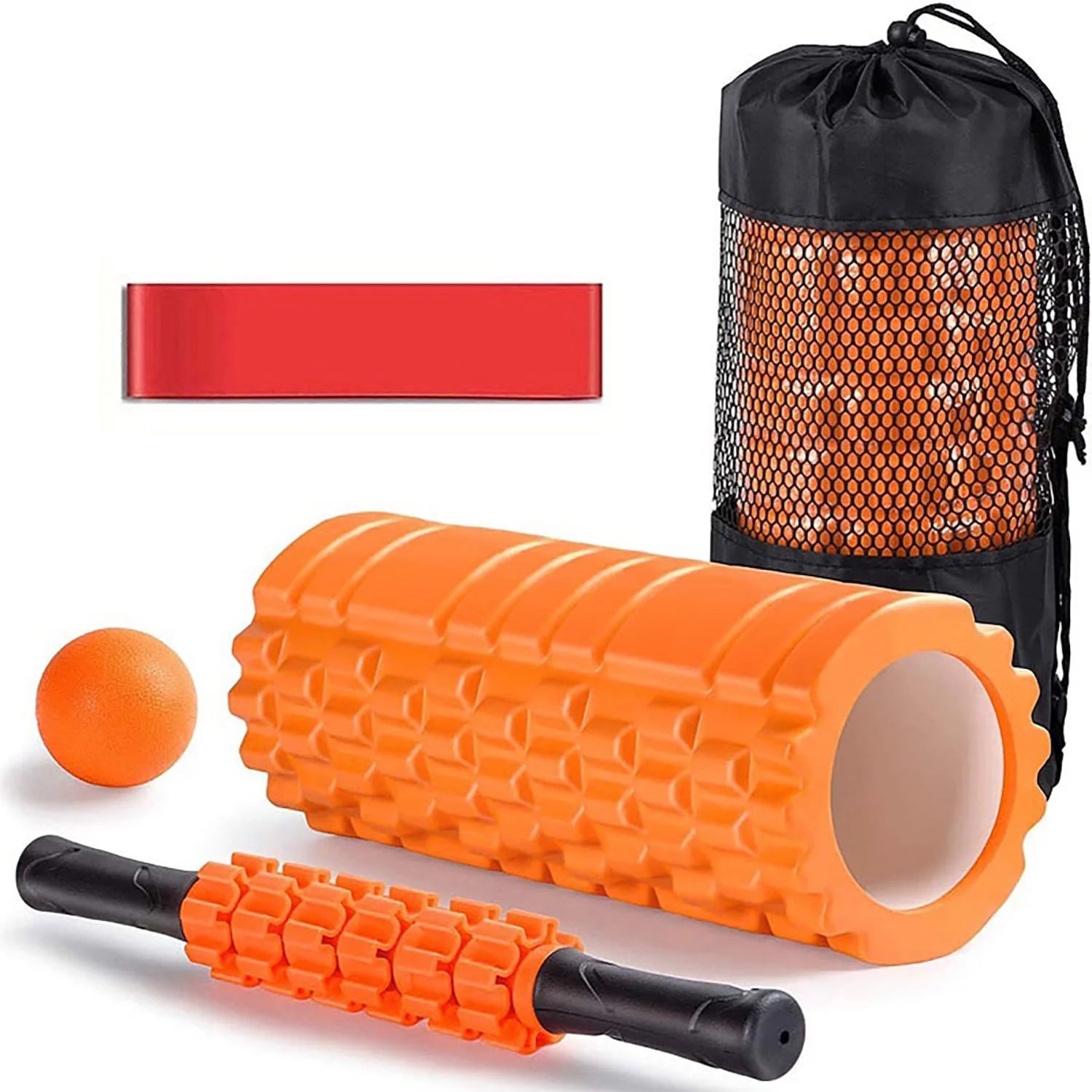 Ultimate 5-in-1 Foam Roller Set: Trigger Point Roller, Yoga Stick, Massage Ball & Resistance Band for Total Body Recovery - Vibrant Orange