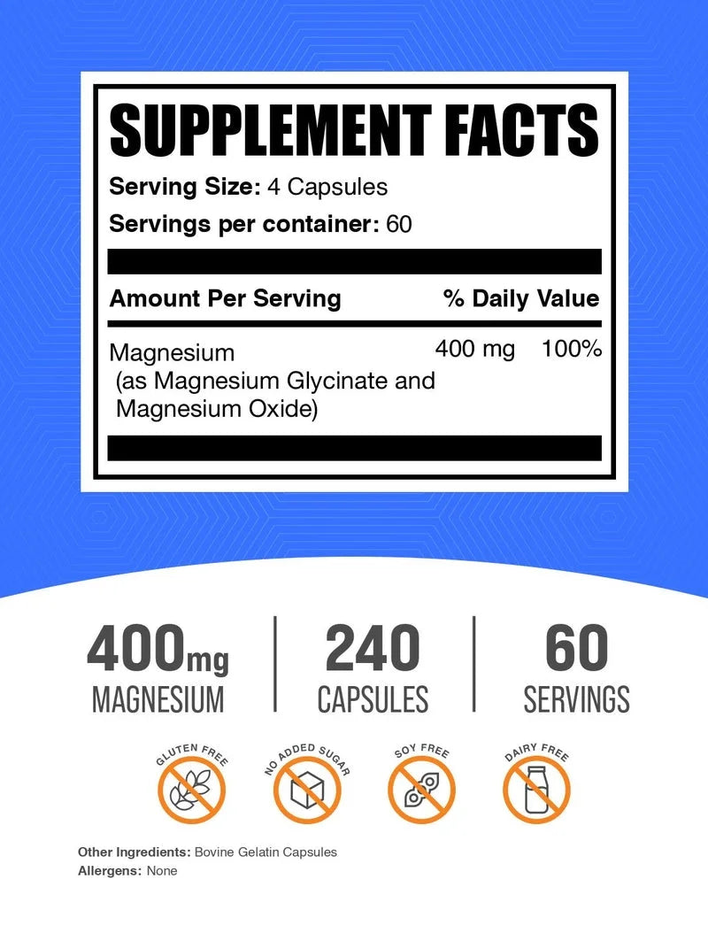 Bulksupplements Magnesium Glycinate Capsules - High Absorption Magnesium Supplement, 400mg per Serving, 240 Count for Optimal Health